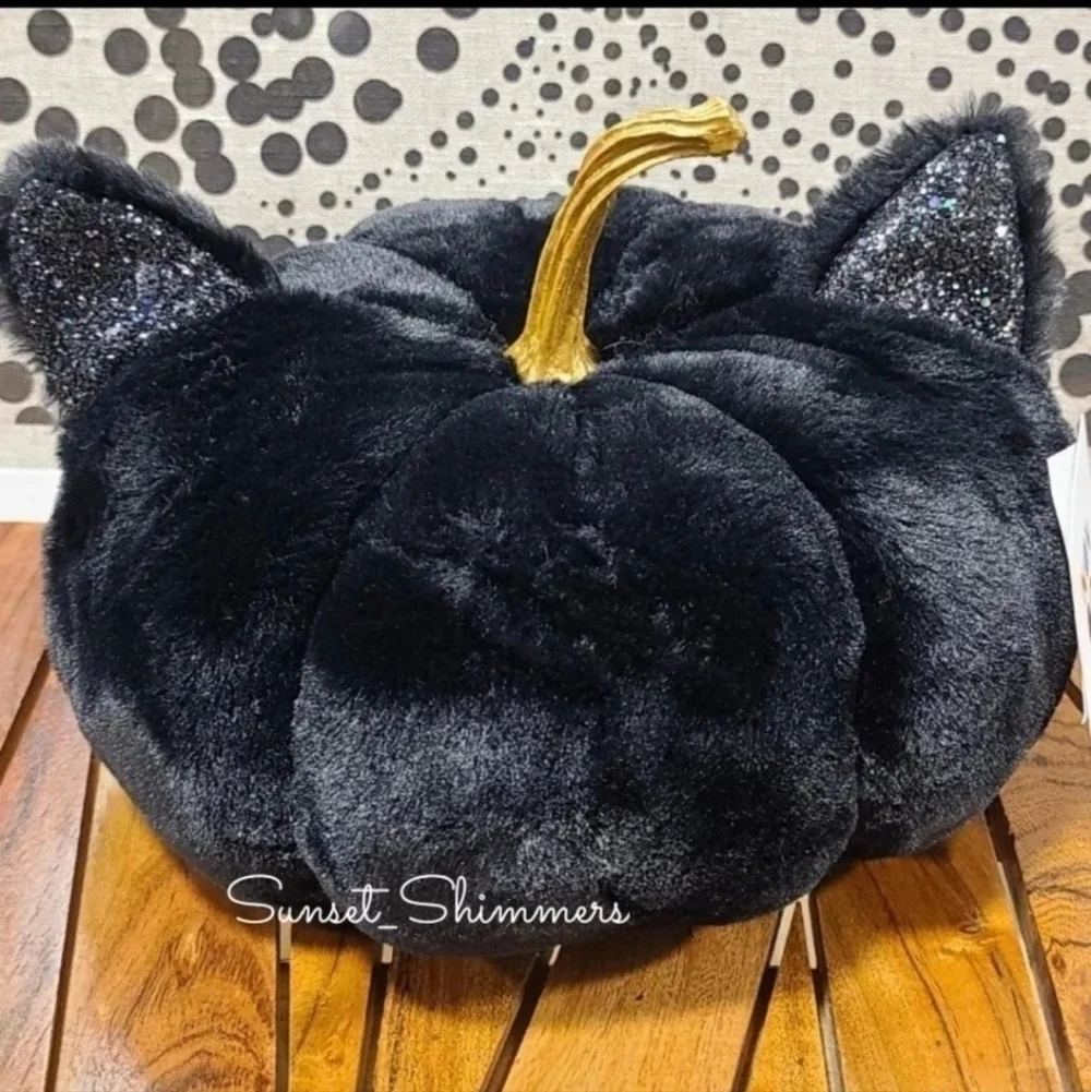Faux Fur Black Cat Halloween Pillow Plush Sparkly Irridecent Glittered Ears NEW